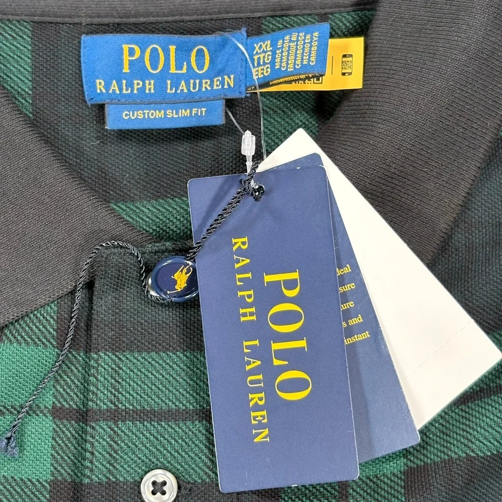 Polo Ralph Lauren Polo Shirt Mens XXL Green Black Plaid Tartan Slim Fit Pony NWT